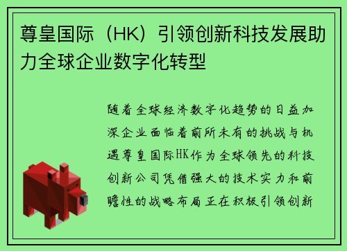 尊皇国际（HK）引领创新科技发展助力全球企业数字化转型