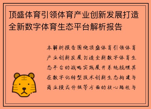 顶盛体育引领体育产业创新发展打造全新数字体育生态平台解析报告
